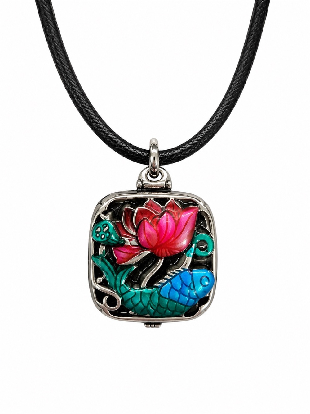 Buddha Stones Koi Fish Lotus Copper Coins Luck Ghau Prayer Box Necklace Pendant